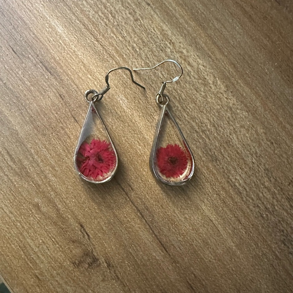 Elegant Silver and Pink Floral Teardrop Earrings - Picture 3 of 3